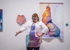 Michelle Jackson in front of her artwork at the Schitzer Prize reception.