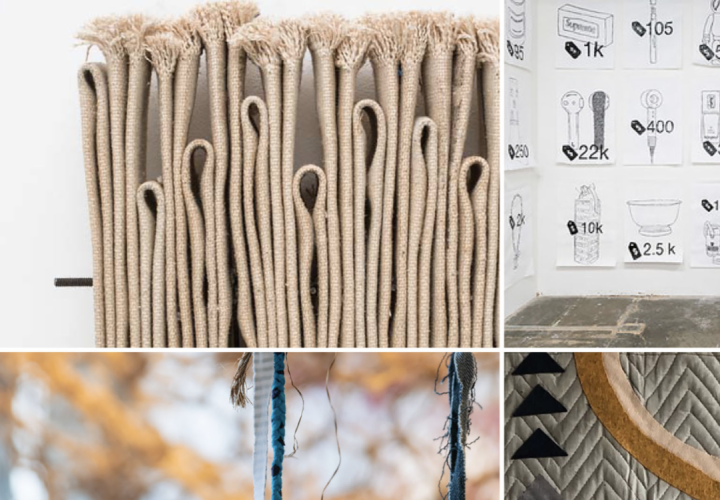 Collage of 4 images of textile artworks made from recycled materials