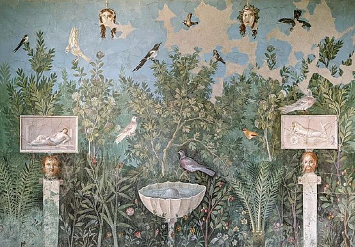 Roman wall painting from Pompeii showing a garden with fountain, birds, and portrait heads.