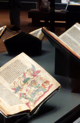Woman at a museum looking at illuminated manuscripts on display.