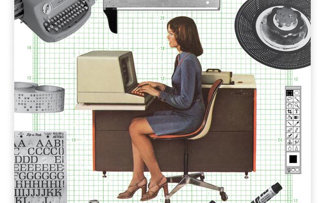 Poster for the film Graphic Means featuring a woman at a desk surrounded by old school graphic design tools