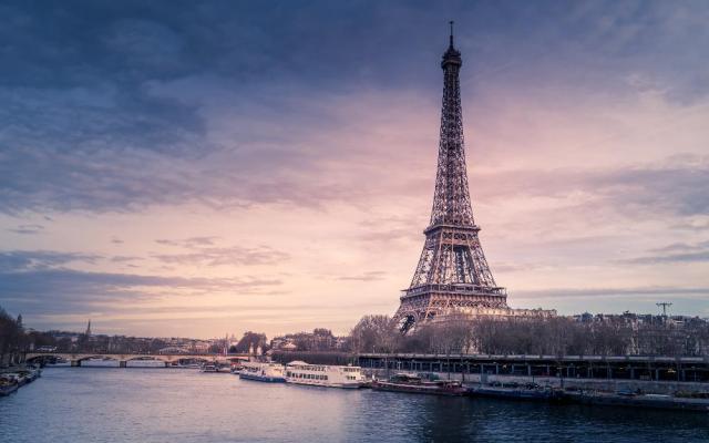 View of Paris, France, with the river Seine and the Eiffel Tower.