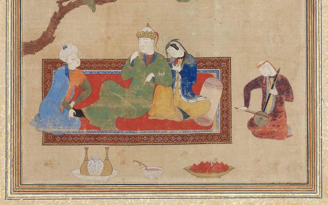 Islamic painting: a group of four figures enjoy music while seated on a red carpet, a blue bird sits on a branch above the group.