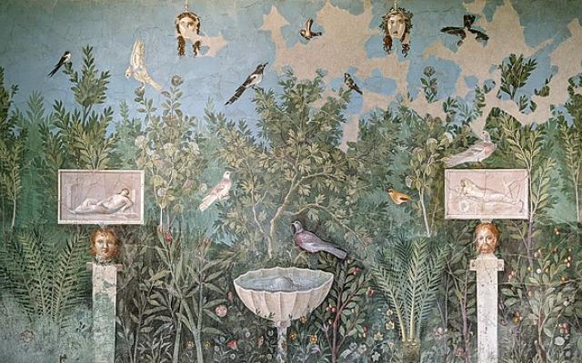 Roman wall painting from Pompeii showing a garden with fountain, birds, and portrait heads.