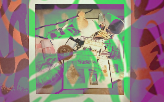 abstract composition in purple, orange, and green over a poloroid photo of Moroccan objects and ephemera