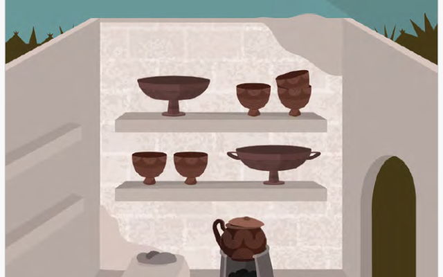 Illustration of a Turkish kitchen with pottery, vessels and shelves.