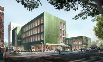 Rendering of new art building by Lever Architecture. The building is green with large windows and is viewed from the Park Blocks.