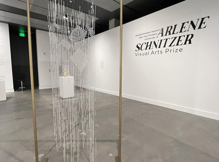 Installation view of crystal bead curtain hanging from a rectangular gold frame.