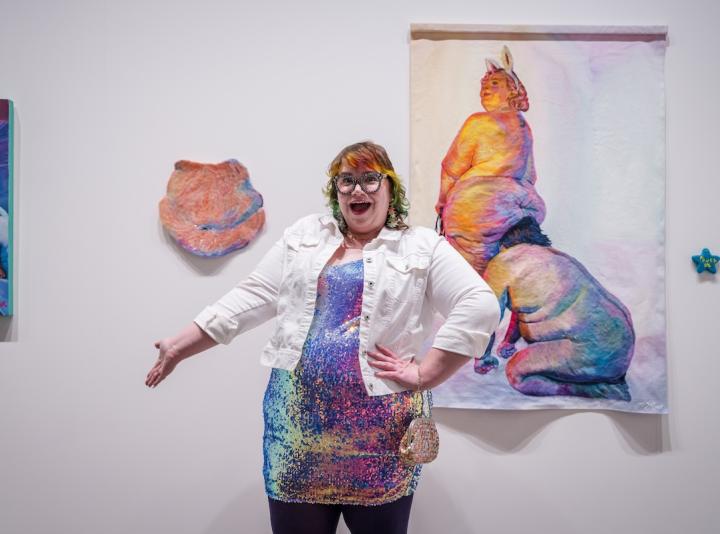 Michelle Jackson in front of her artwork at the Schitzer Prize reception.
