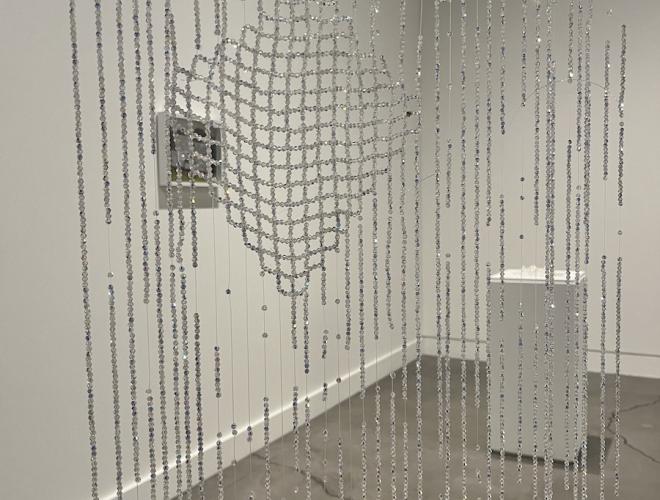 Detail view of woven crystal bead curtain.