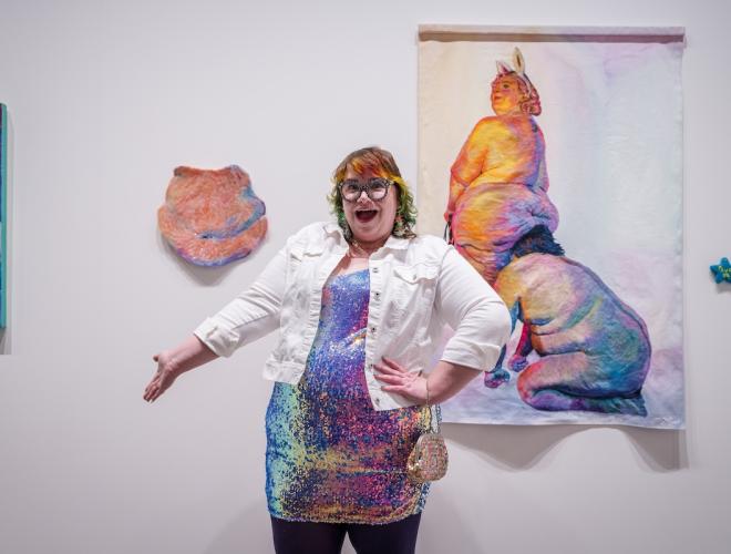 Michelle Jackson in front of her artwork at the Schitzer Prize reception.