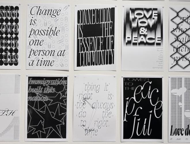 8 black and white posters with uplifting messages and designs.