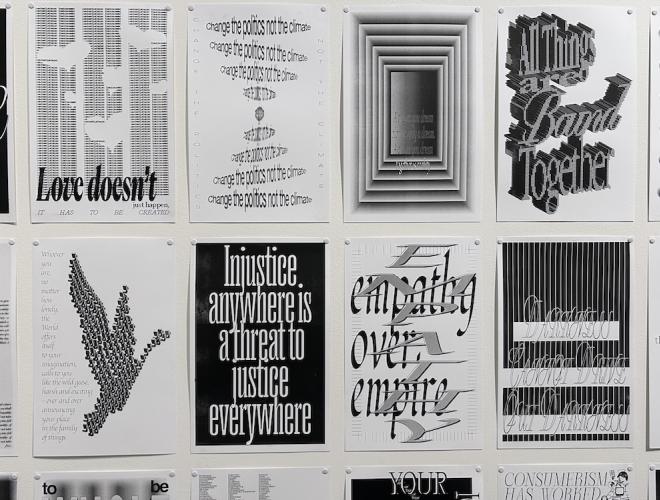 8 black and white posters with uplifting messages and designs.