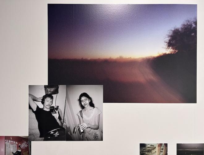 Detail of photograpy by Savannah Noel, one color photo featuring a landscape, and another in black and white featuring a seated man and woman.