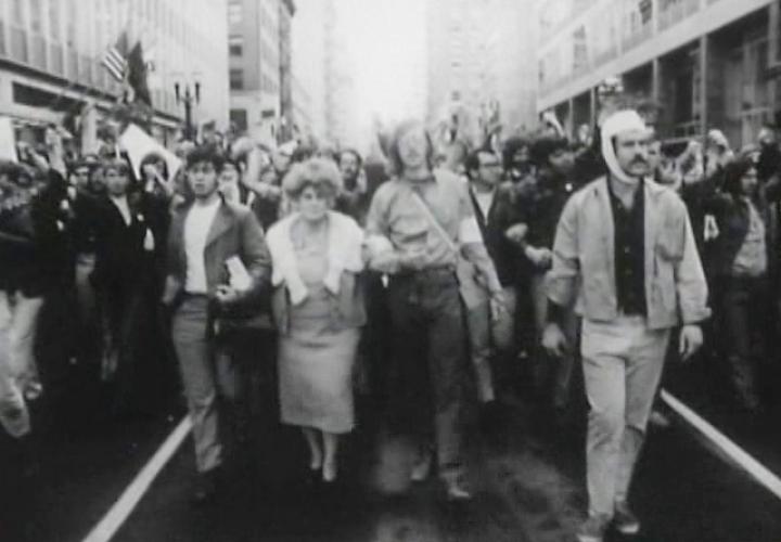 Marchers in downtown Portland, May 1970. Still from "The Seventh Day."
