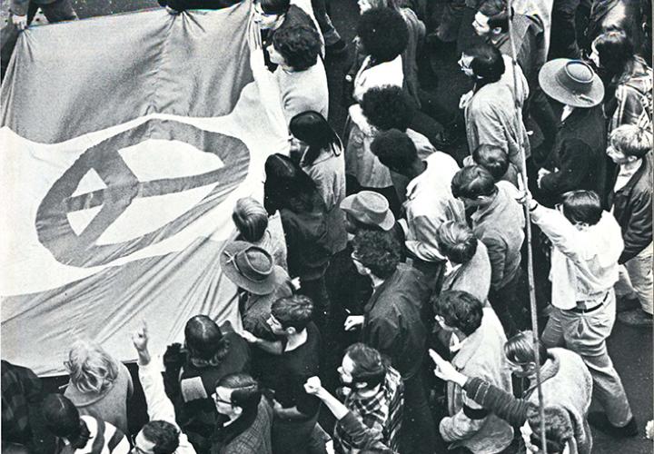 PSU students protesting with peace sign in May 1970