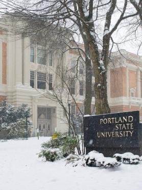 Lincoln Hall exterior in snow