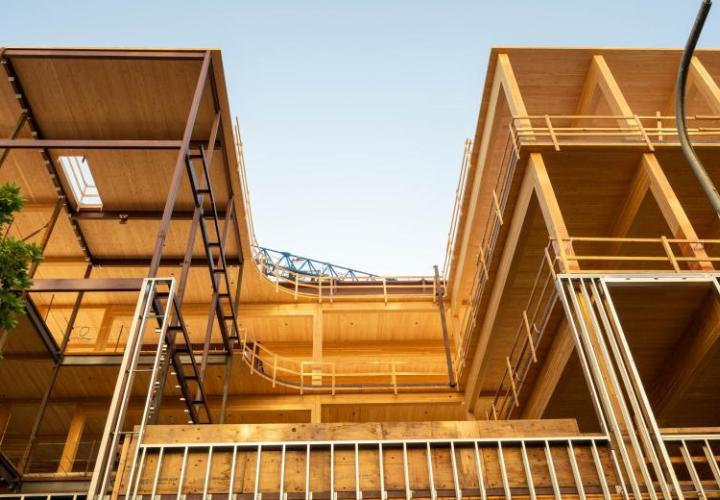 The timber frame of the new home for the Jordan Schnitzer School of Art + Art History + Design. Photo by Mark Stein