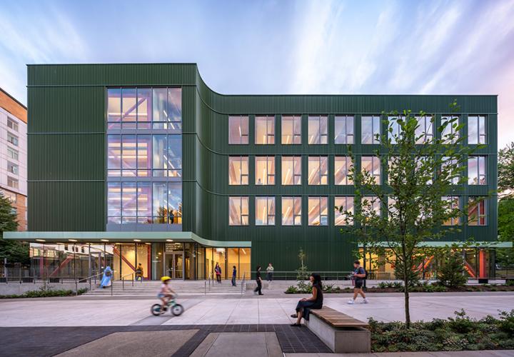 The new home of the PSU Jordan Schnitzer School of Art + Art History + Design, a four-story, green-metal-clad mass-timber structure 