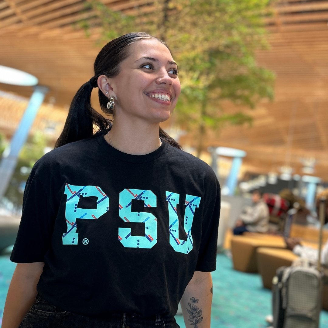 Model in PDX x PSU t-shirt 