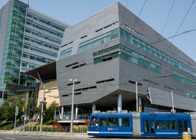 The streetcar passing by the Robertson Life Sciences Building