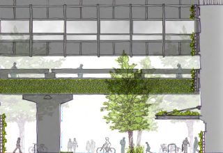 Architectural drawing of a sky bridge on campus