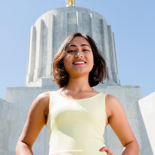 PSU student standing at the capitol