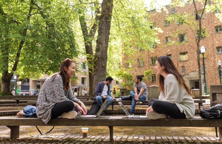 Two students sit facing each other while working on their laptops in the Park Blocks.