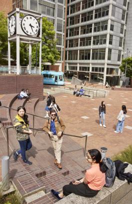 Students around the urban center