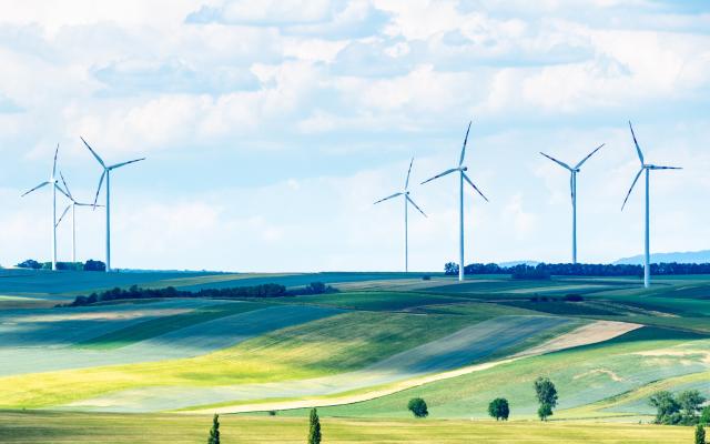 wind turbines in a countryside field