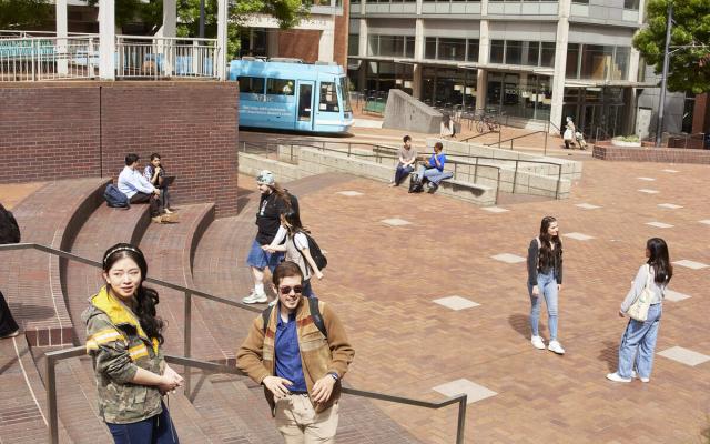 Students around the urban center