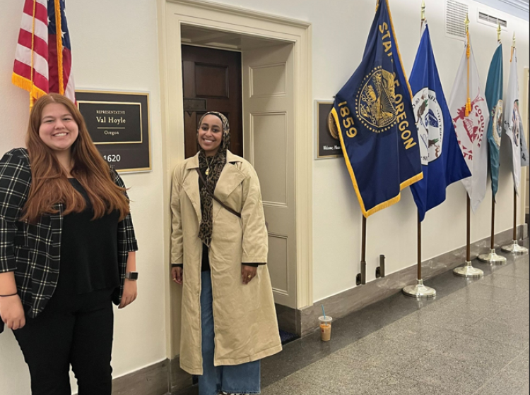 Cohort members standing in front of Congresswoman Hoyle's office in DC