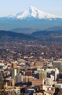 view of Mt. Hood downtown Portland, Oregon