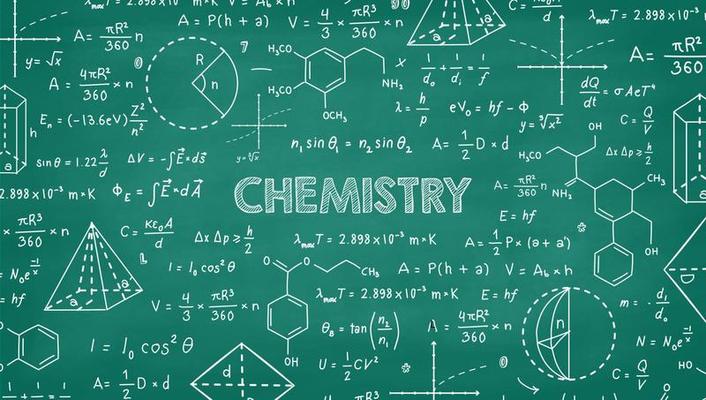 Green board with chemistry chalk drawings