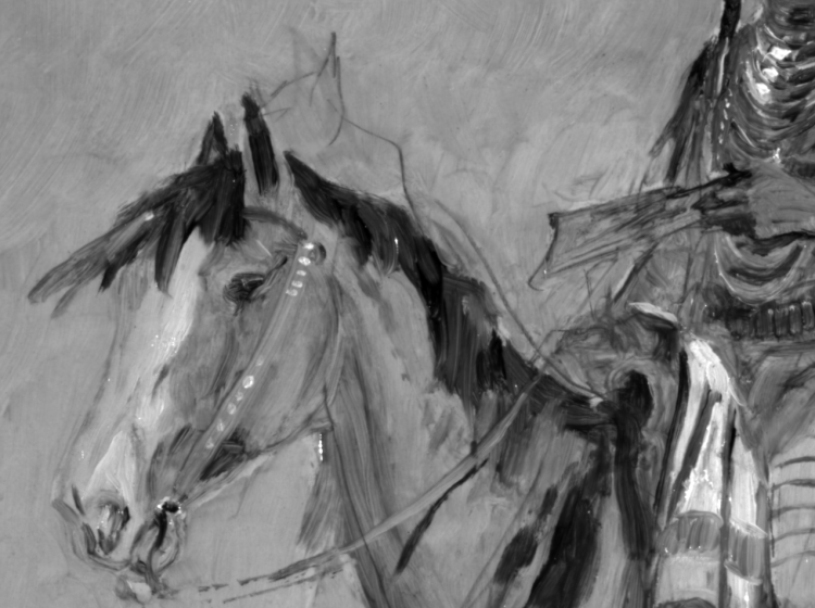 Detail of a black-and-white painting of a horse with some pencil lines visible