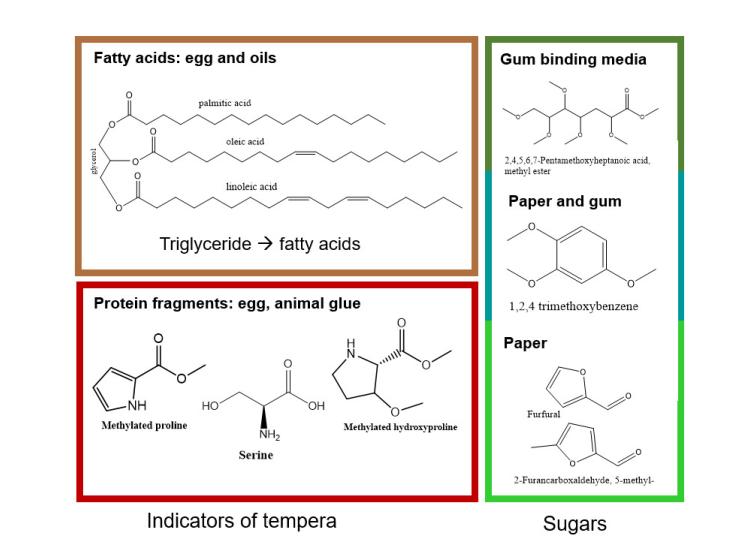 A chart showing molecules belonging to different paint binder classes