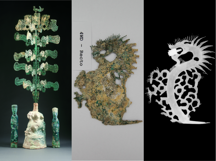 Triptich image featuring a chinese money tree on the left, a corroded piece of the tree in the middle, and the same piece x-rayed on the right