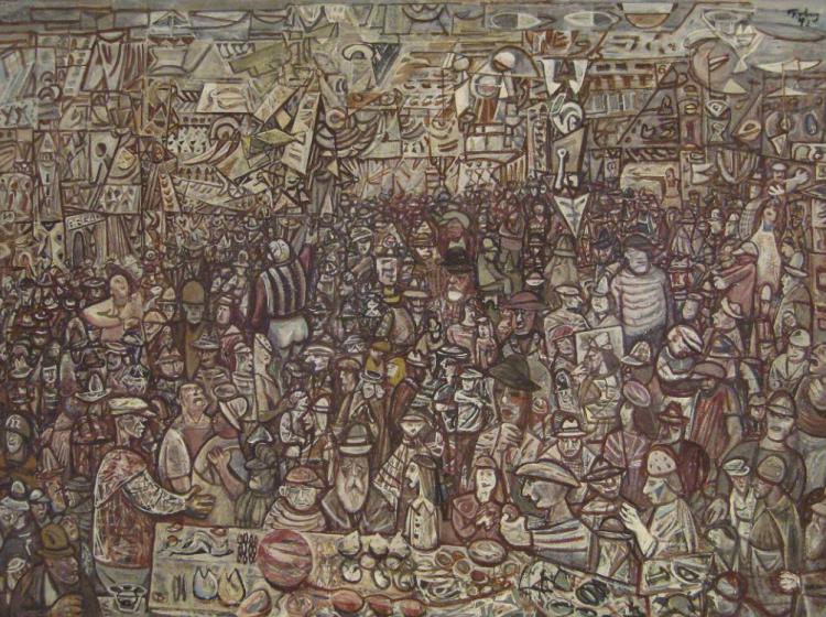 Colorful, busy painting of a crowd in an abstracted urban environment