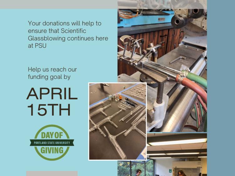 Flyer for Chemistry Day of Giving 2026 Event. [Text ID: Chemistry Day of Giving. Your donations will help to ensure that Scientific Glassblowing continues here at PSU. Help us reach our funding goal by April 15th.]