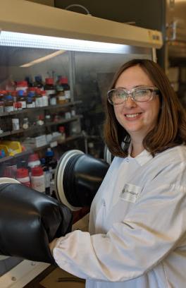 Scientist stands with hands inside specialized chemical hood. 