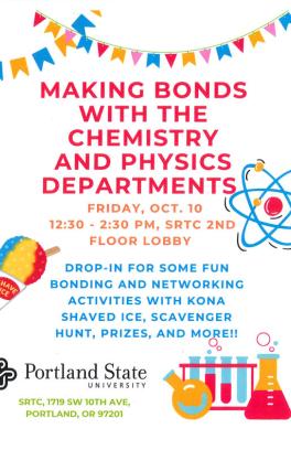 Flyer for Making Bonds With The Chemistry and Physics Departments, includes the information listed below. Text is brightly covered and flyer includes clip-art images of shaved ice, electron rings and chemical vials.