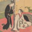 Japanese color woodblock print of two women on red mat