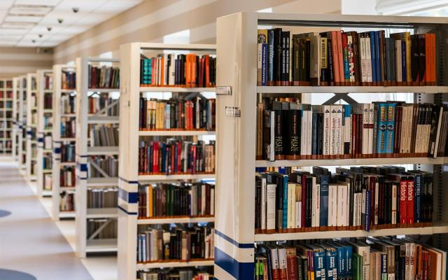 Library shelves are viewed at an angle.
