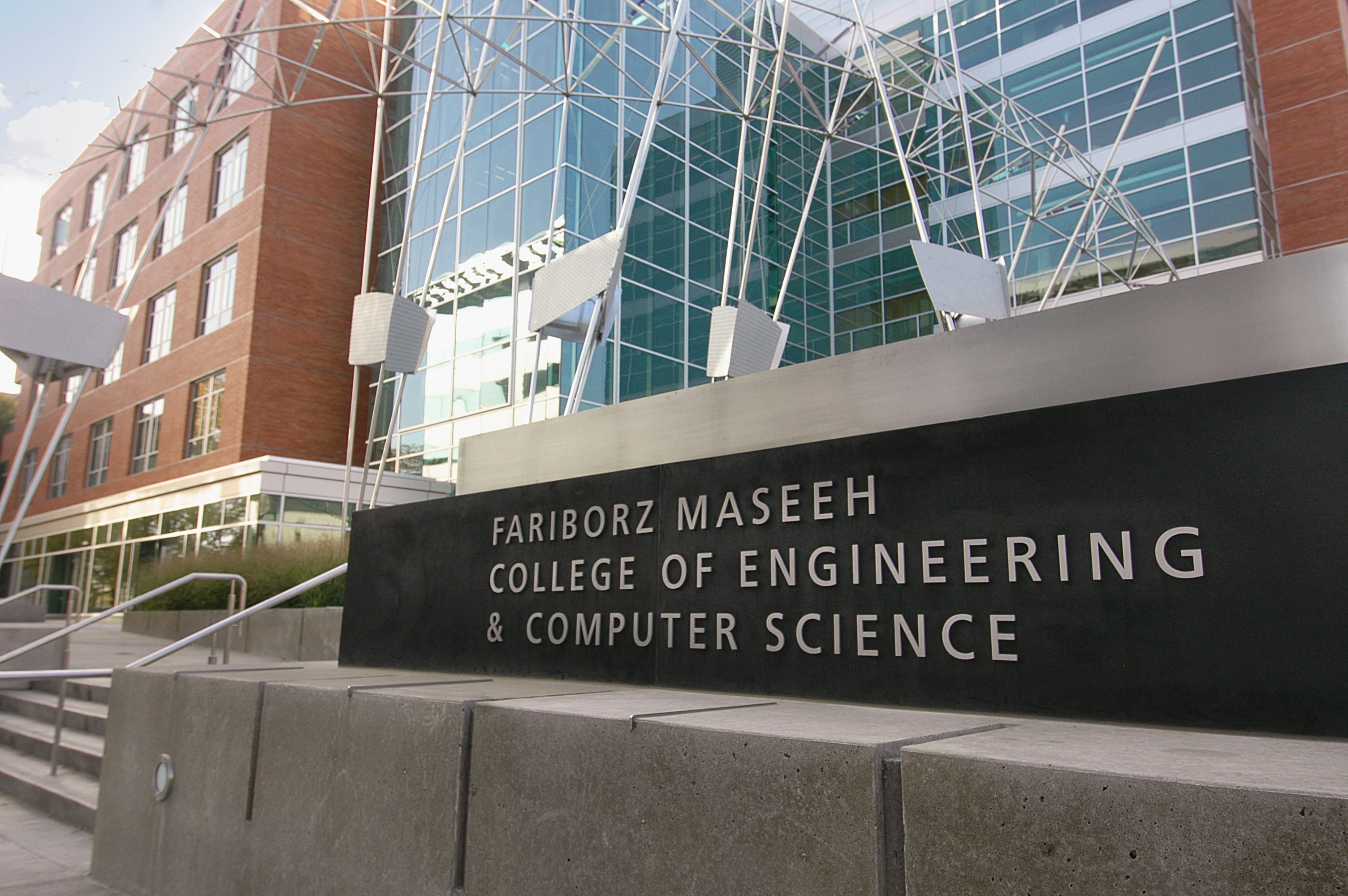 the Maseeh College sign outside of the Engineering Building