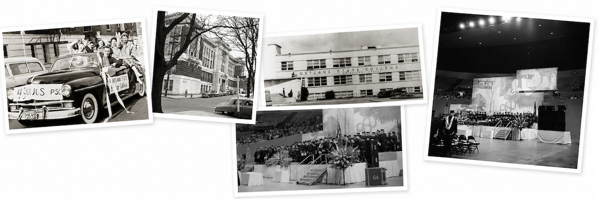 Vintage PSU history photo montage featuring early campus scenes and commencement ceremonies