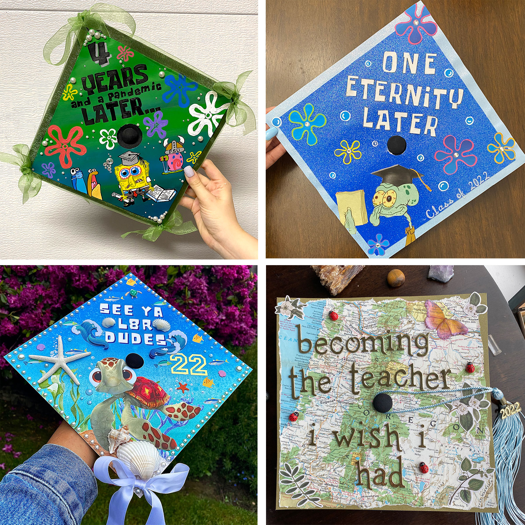 Four grad caps decorated for commencement
