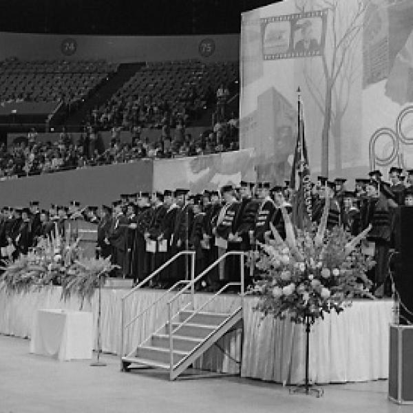 Historic Portland State University commencement ceremony at Memorial Coliseum, June 1983