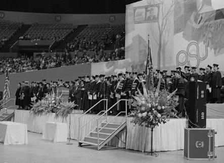 Historic Portland State University commencement ceremony at Memorial Coliseum, June 1983