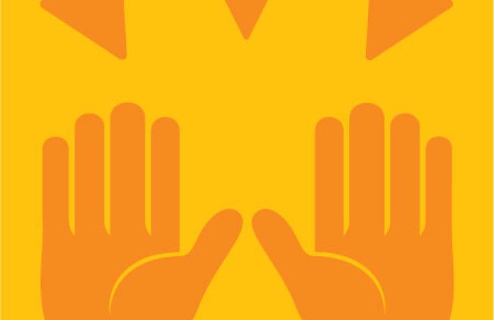 Two orange hands raised with triangles on yellow background