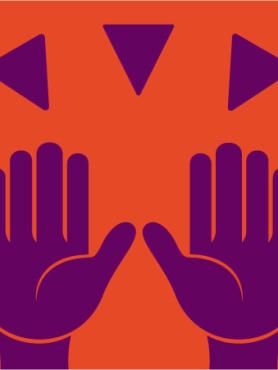 Purple hands raised with triangles on red-orange background
